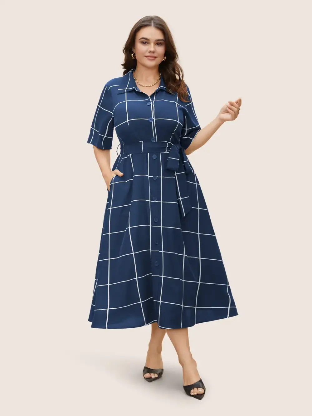 Plaid Shirt Collar Button Detail Belted Dress