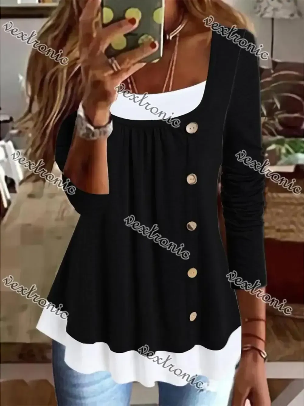 Women's Long Sleeve U-Neck Buttons Top