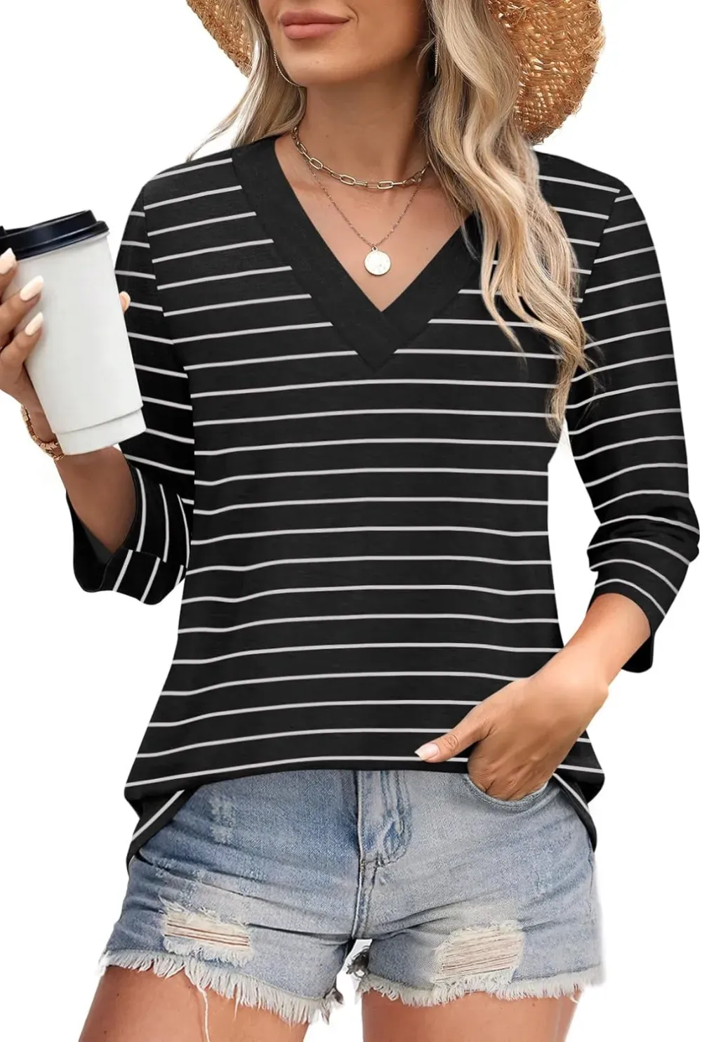 ✨Flash Sale Women's Trendy V Neck 3/4 Long Sleeve Tops Loose Fit Blouse