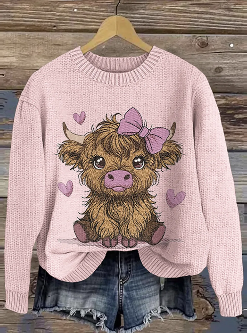 Highland Cow Love Pattern Round Neck Sweater