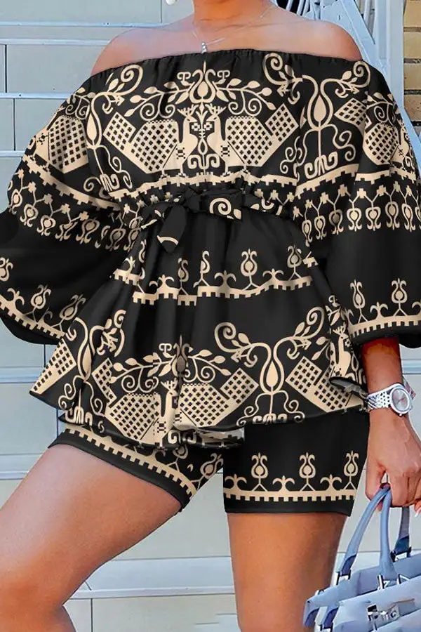 Denim Print Off-Shoulder Belted Pant Set