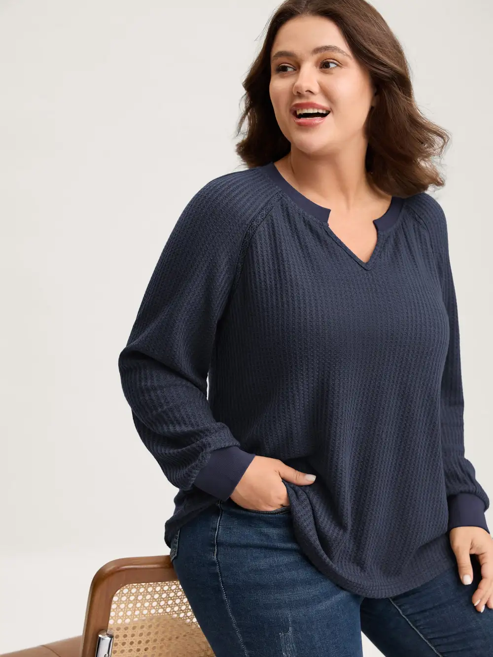 Waffle Grid Notched Collar Lace Sweatshirt