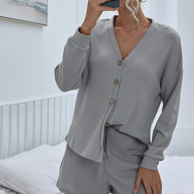 Casual Solid Color Waffle Two-piece Set
