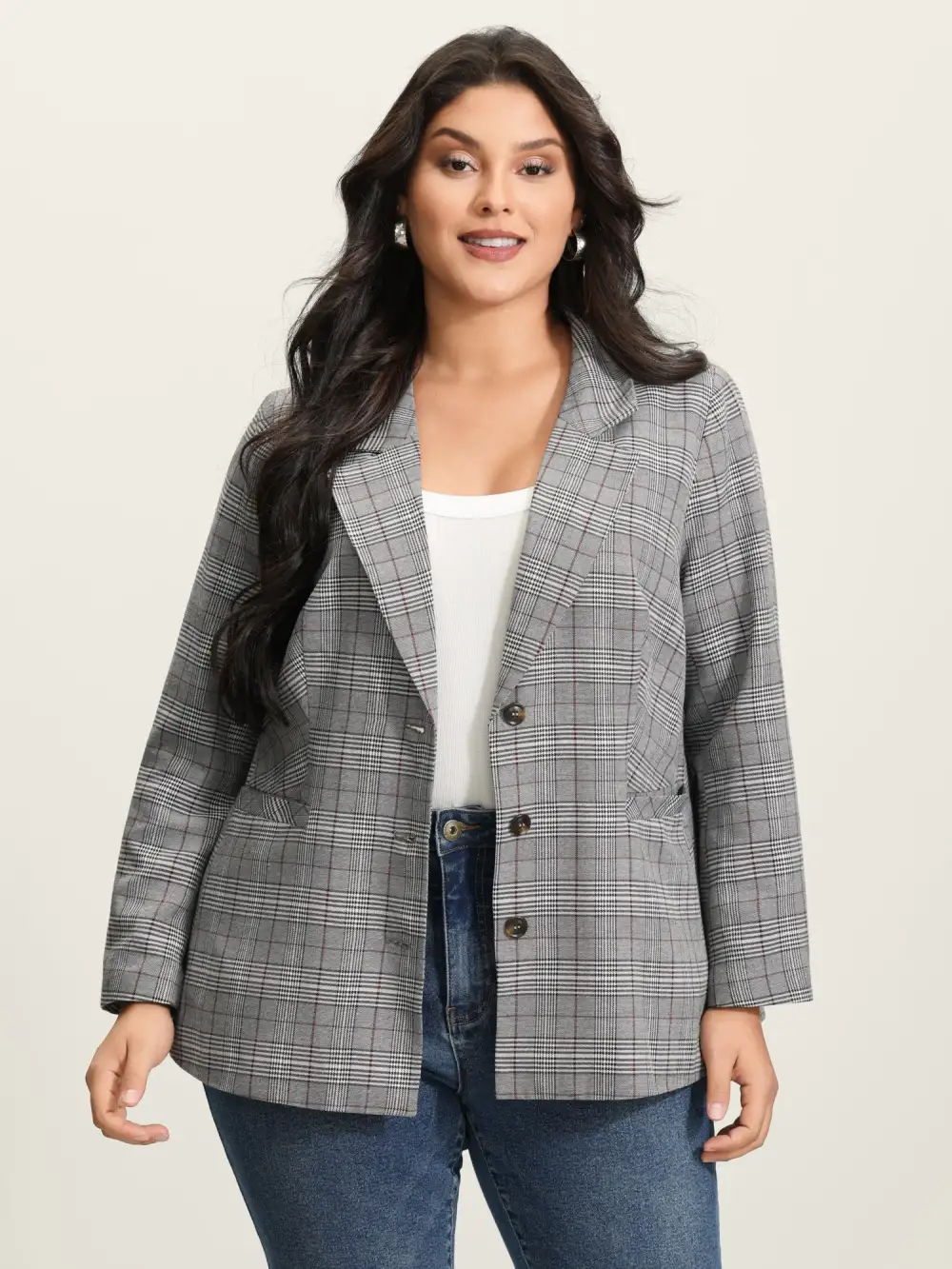Houndstooth Button Front Pockets Blazer