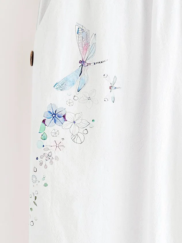 Daily Casual Cotton Linen Floral Dragonfly Print Baggy Pant