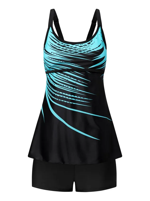 Casual Abstract Printing Scoop Neck Swimdress Two-Piece Set