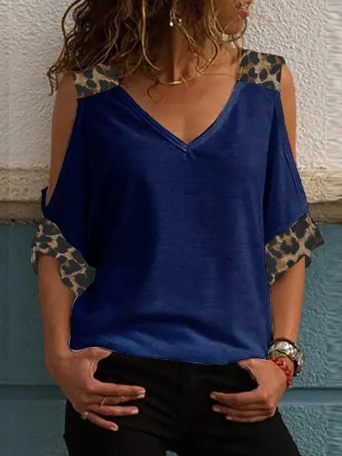 Leopard Print V-neck Cold Shoulder Tops