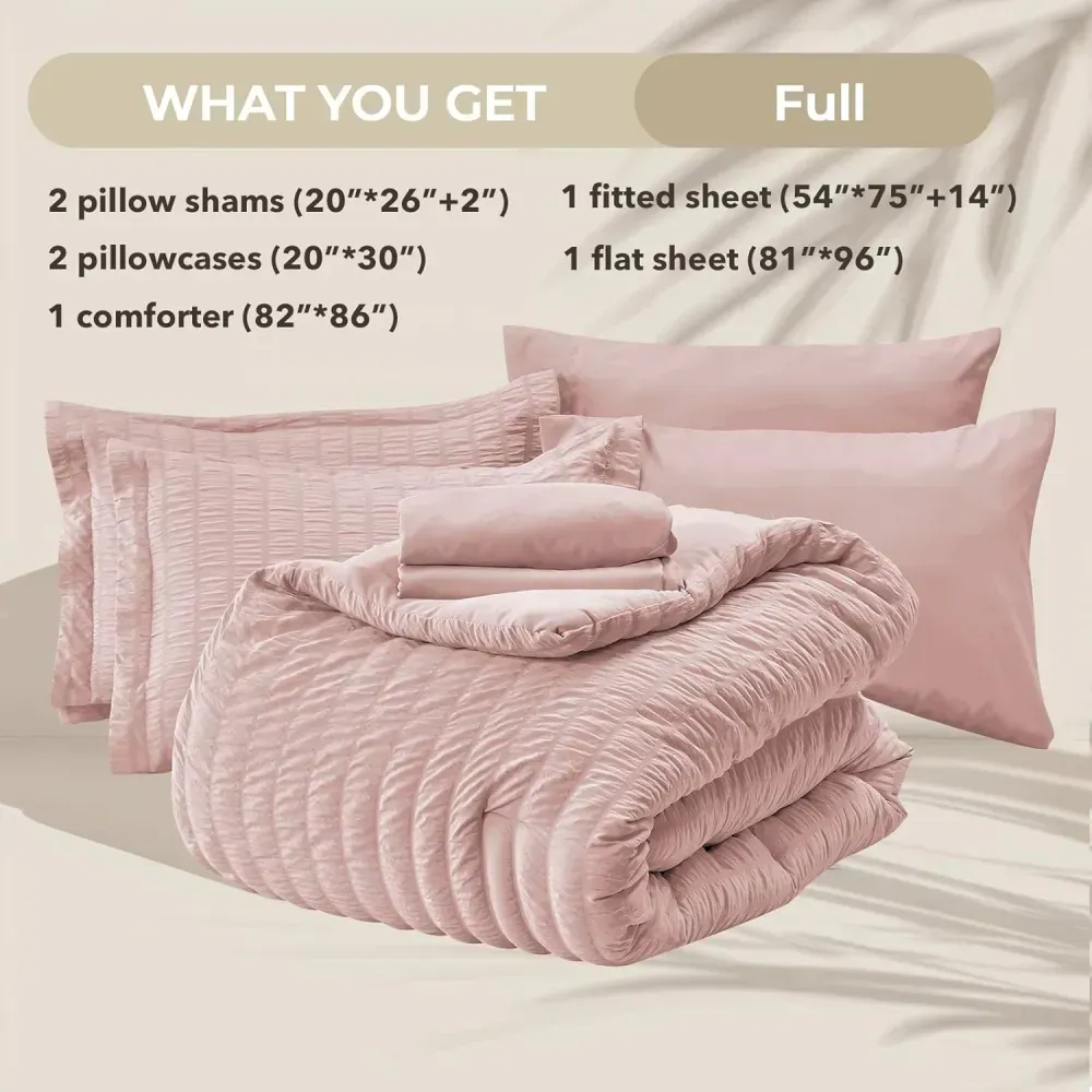 Queen Comforter Set Seersucker 7 Pieces, All Season Luxury Bed in a Bag for Bedroom, Bedding Set with Comforters, Sheets, Pillowcases & Shams, Dark Grey