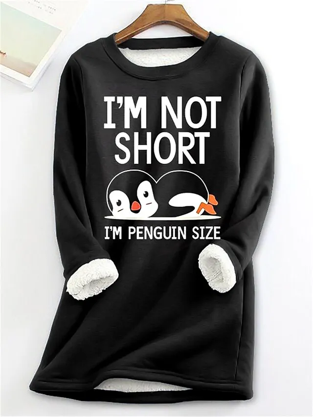 Women's Thermal Shirt Letter Penguin Warm Comfort Soft Home Daily Bed Fleece Warm Breathable Crew Neck Long Sleeve Fall Winter Black Pink