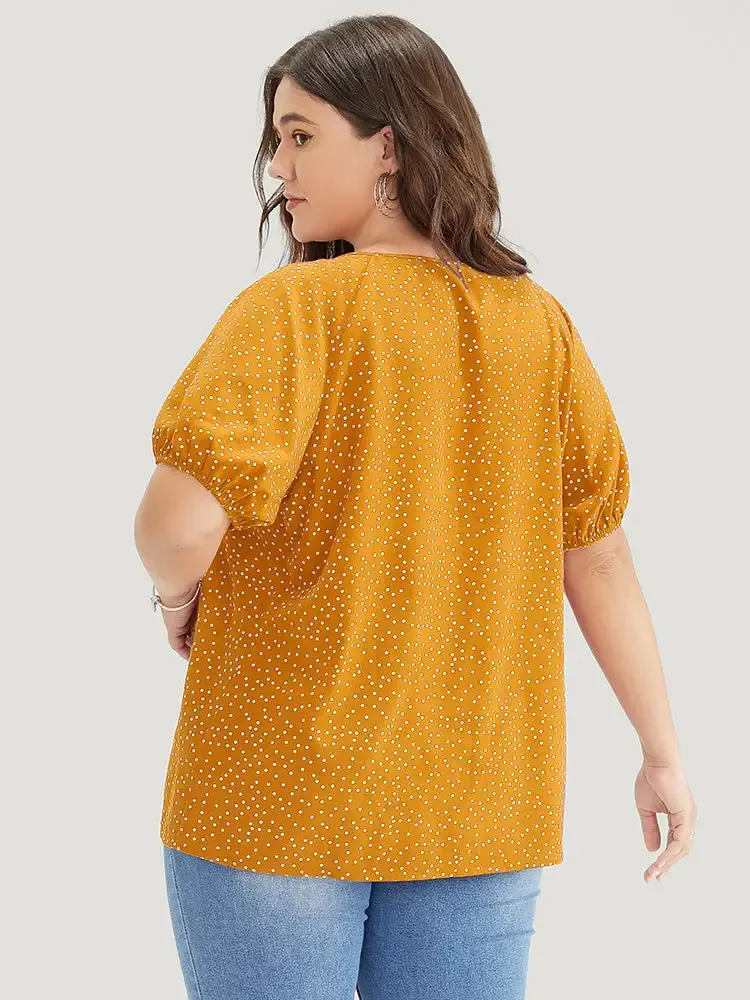 Polka Dot Pleated Round Neck Puff Sleeve Blouse