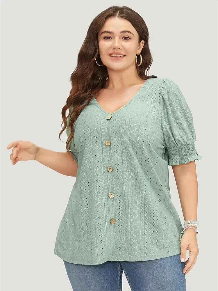 Plain Broderie Anglaise Shirred Puff Sleeve Button Detail T-shirt