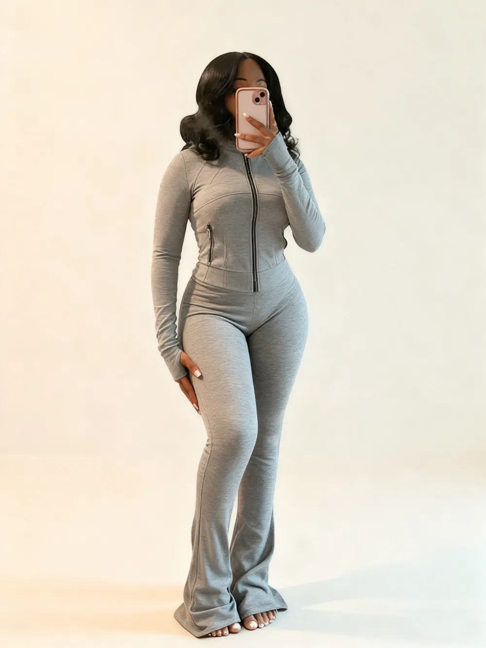 Women’s Fall/Winter 2-Piece Set: Solid Zip-Up Jacket + Flare-Leg Pants (Casual, Cozy)