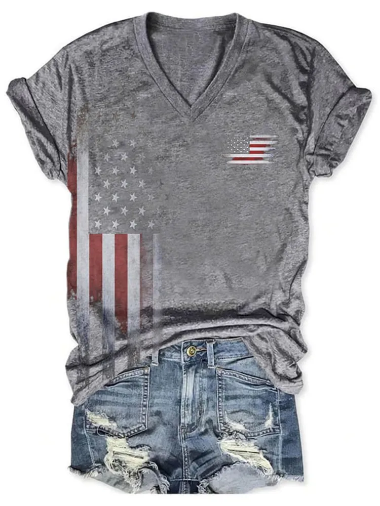 Women'S National Flag Pattern Print V-Neck T-Shirt