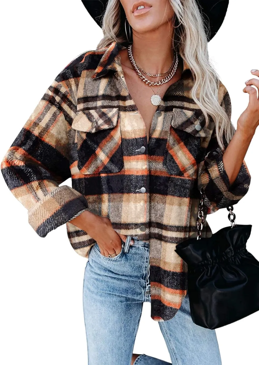 Womens Fall Outfits Fashion Clothes Shackets Flannel Plaid Button Down Long Sleeve Shirts Jackets 2024