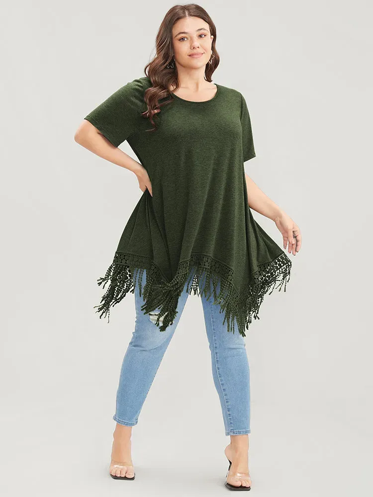 Solid Round Neck Lace Fringe Hem T-shirt