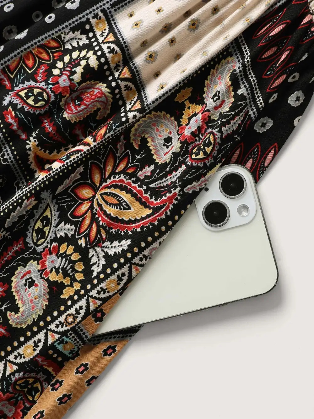 Paisley Floral Collage Shirred Pockets Midi Dress