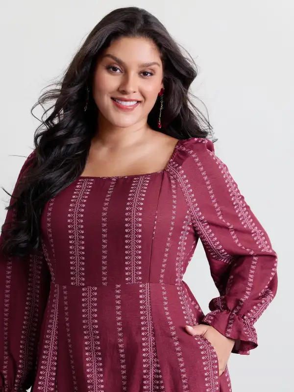 Textured Waist-Defining Square Neck Maxi Dress