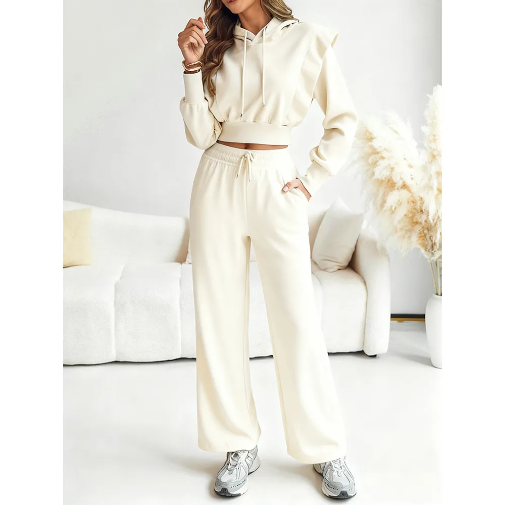 Hooded Long Sleeve Sweatshirt and Casual Wide Leg Sweatpants Set