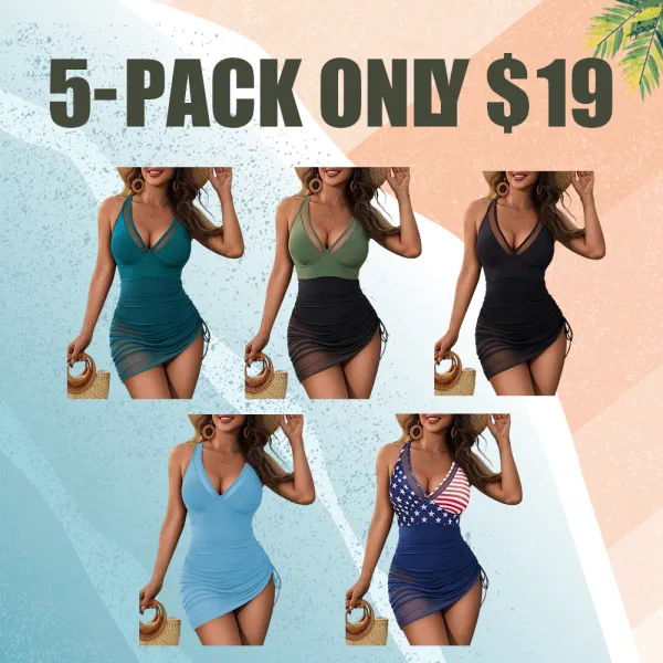 Women's One-Piece Swim Dress with Tummy Control & Sheer Mesh Sarong Wrap