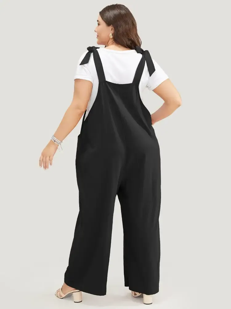 Solid Pleated Detail Pocket Knotted Shoulder Overall Jumpsuit
