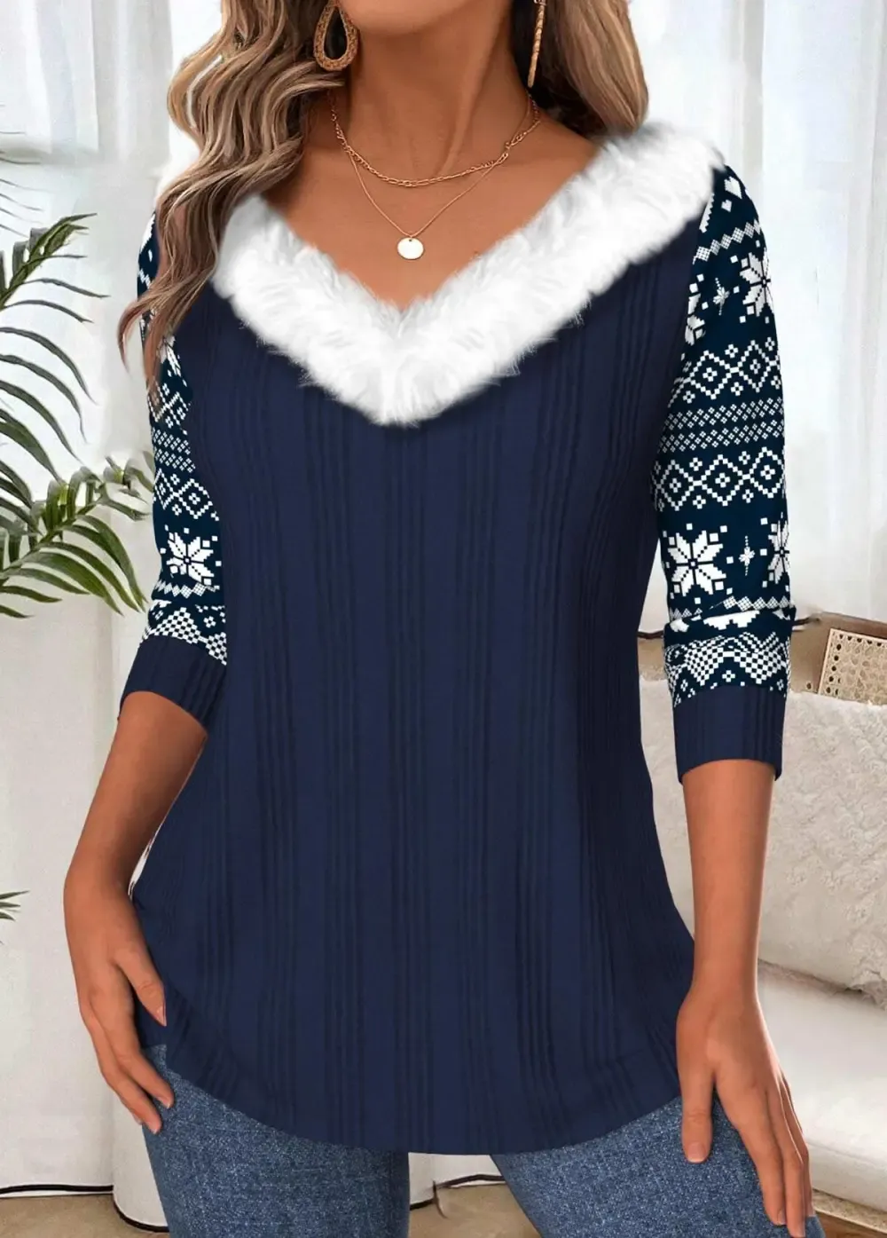 Navy Tummy Coverage Tribal Print Long Sleeve T Shirt