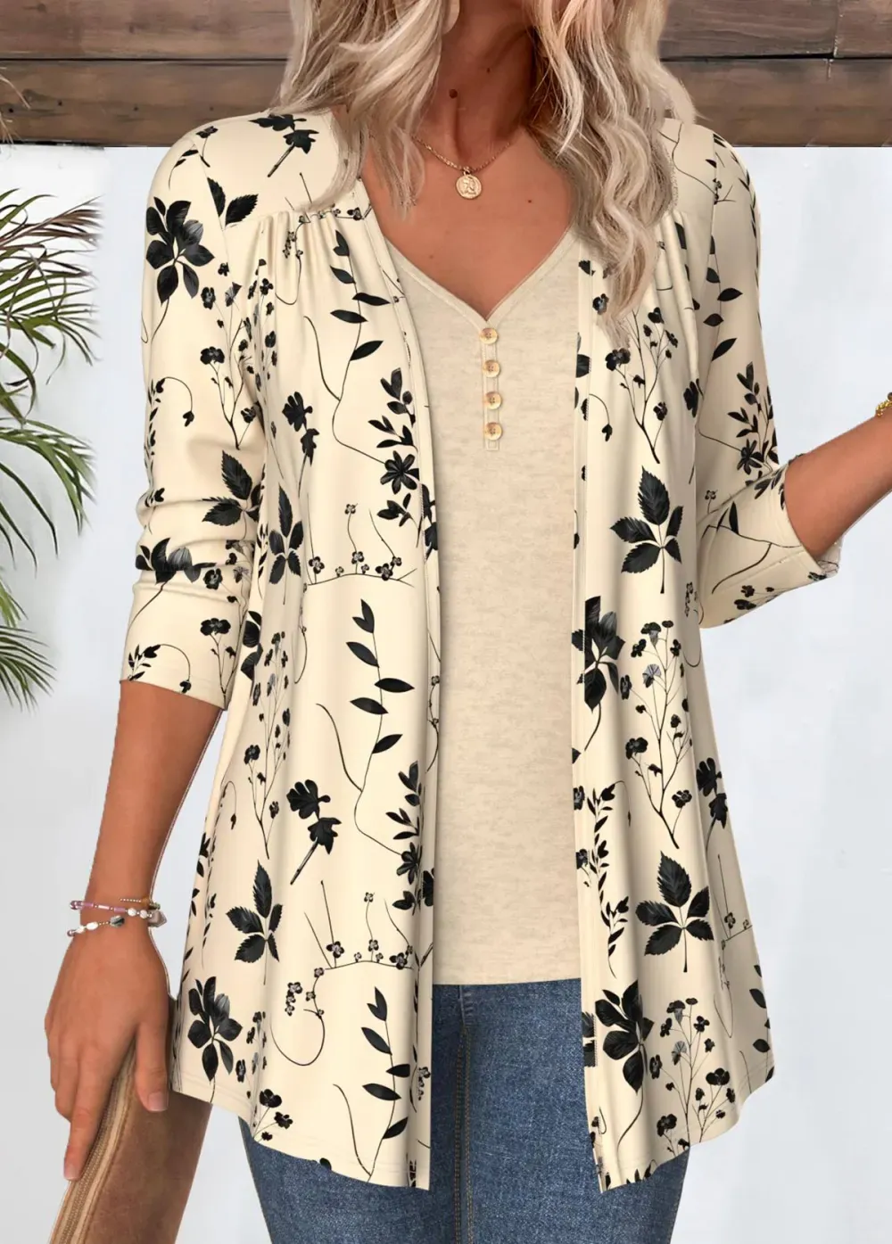 Beige Leaf Print 3/4 Sleeve Light Cardigan