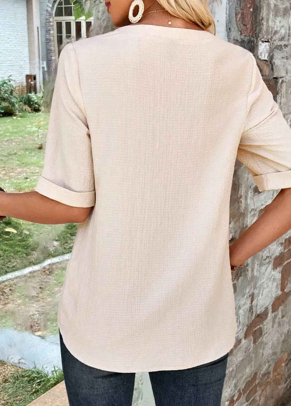 Light Camel Button Half Sleeve Split Neck Blouse