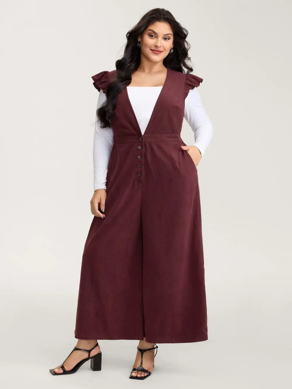 Corduroy Stretchy Waist Flutter Sleeve Jumpsuit