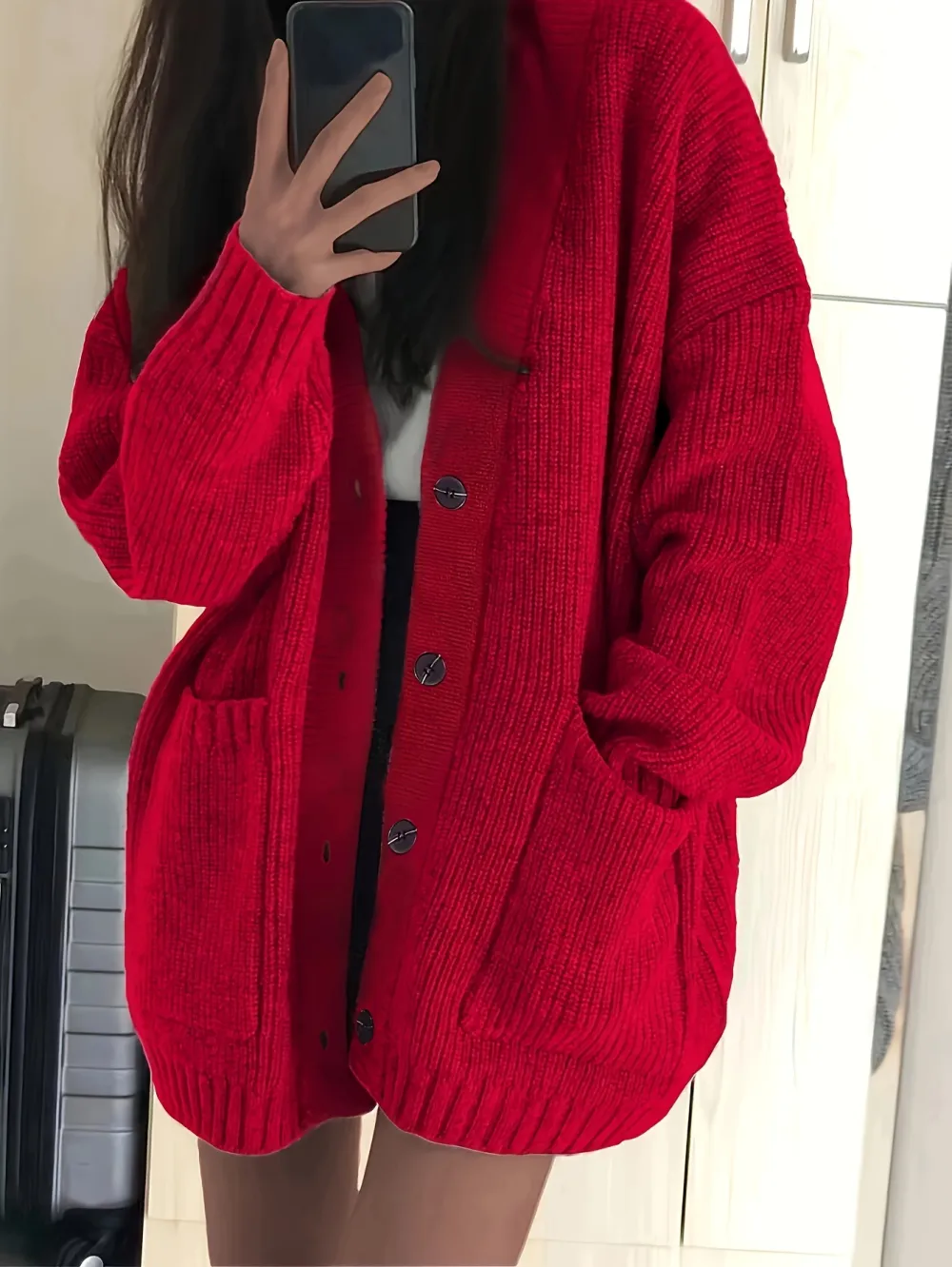 Vibrant Solid Color Knitted V-Neck Cardigan - Soft Micro Elastic Polyester Fabric, Button Front, Casual Long Sleeve Design for Fall & Winter