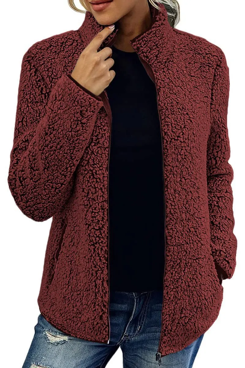 Solid Stand Collar Fleece Coat