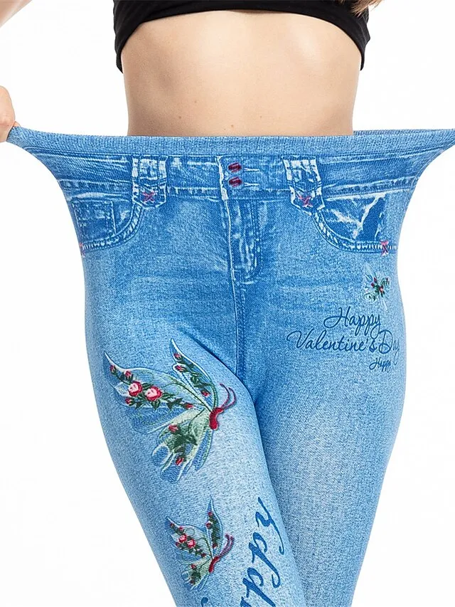 Women's Slim Pants Trousers Leggings Faux Denim Butterfly Pocket Print Full Length High Elasticity High Waist Fashion Streetwear Street Causal Lake Blue Royal Blue S M Summer Fall
