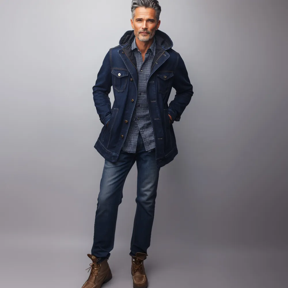 Men's Outdoor Single Breasted Pockets Denim Hooded Coat