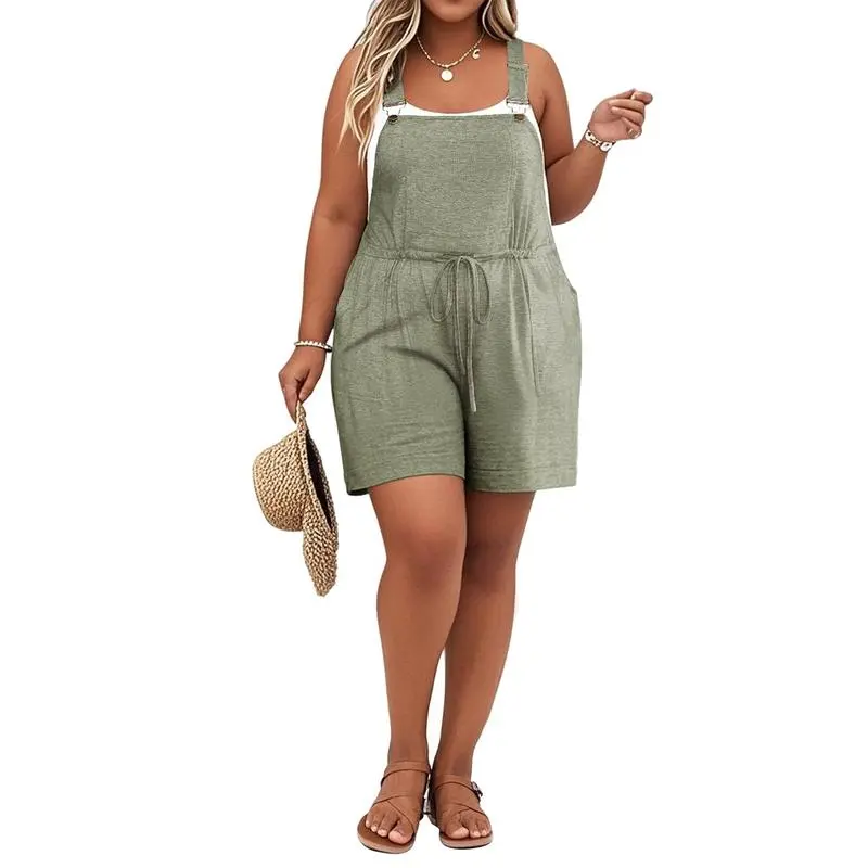 Women's Plus Size Drawstring Romper – Sleeveless Casual Jumpsuit with Pockets