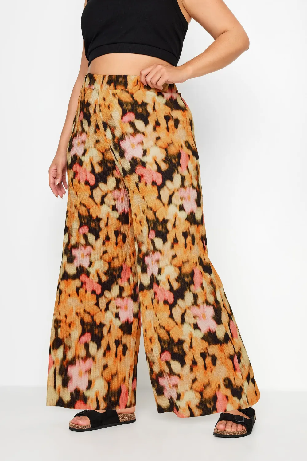 YOURS Curve Blue Abstract Print Textured Wide Leg Trousers