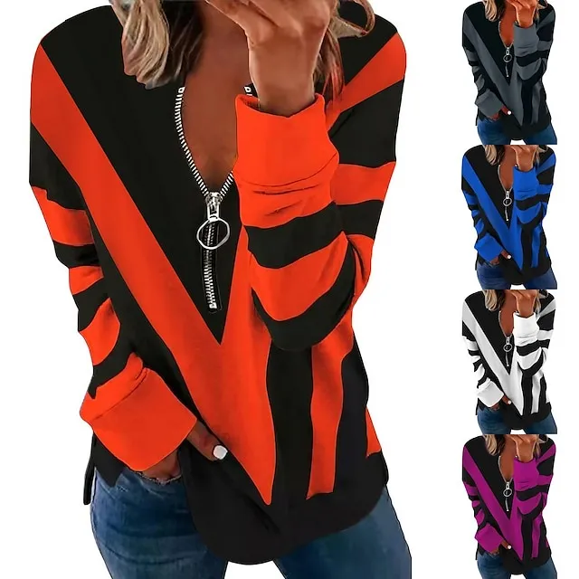 Women's Sweatshirt Pullover Streetwear Basic Zipper White Blue Purple Color Block Abstract Casual V Neck Long Sleeve Spring &  Fall Fall & Winter