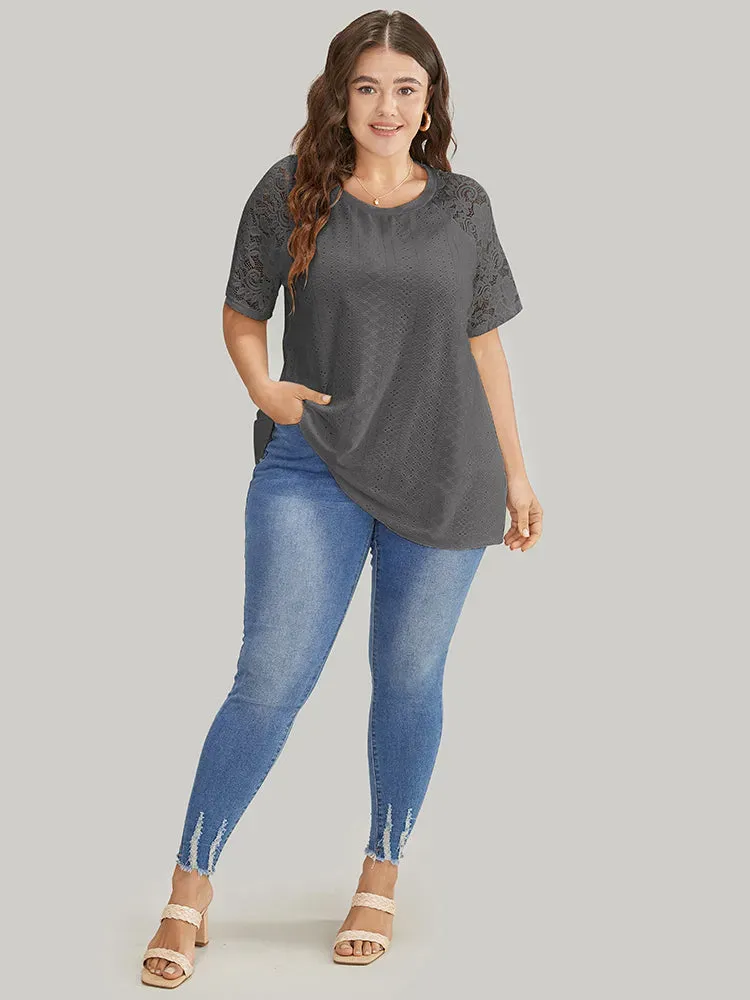 Solid Broderie Anglaise Lace Raglan Sleeve T-shirt
