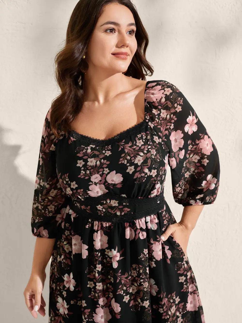 Chiffon Floral Print Lace Trim Midi Dress