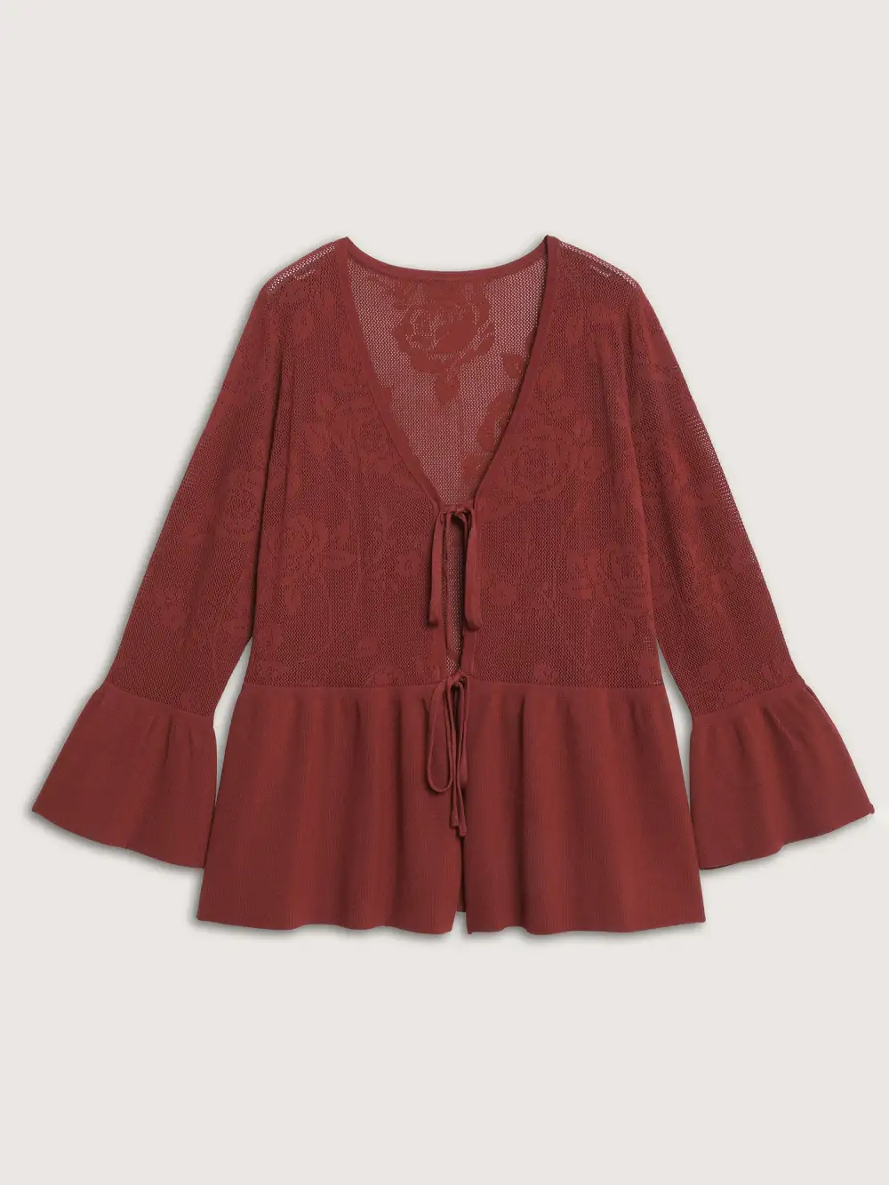 Eyelet Jacquard Ruffled Hem Knit Cardigan