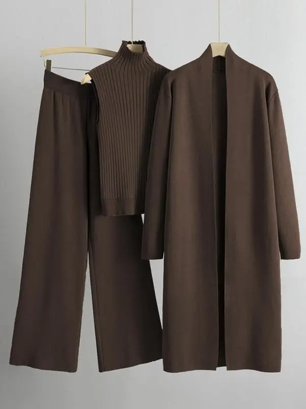 Trendy Knit Turtle Neck Tank & Wide Leg Trousers With Open-Front Long Cardigan Three-Piece Sets