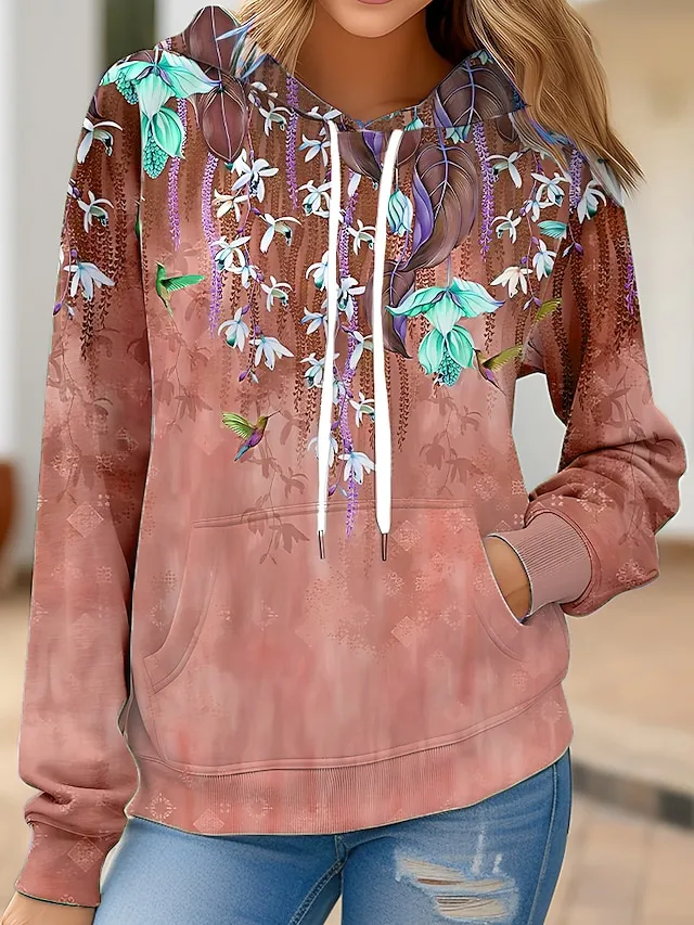 Women's Hoodie Sweatshirt Pullover Vintage Basic Front Pocket Yellow Red Blue Floral Street Casual Hoodie Long Sleeve Top Micro-elastic Fall & Winter