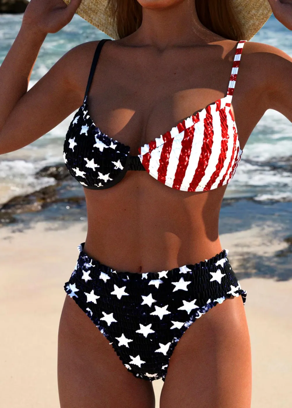 American Flag Frill Smocked Black Bikini Set