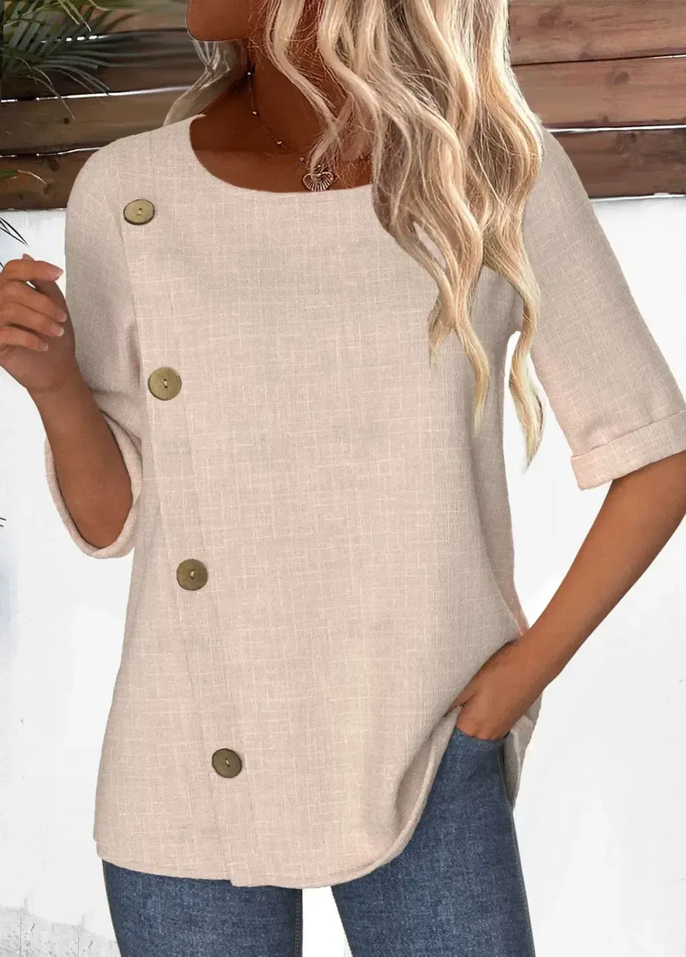 Light Camel Button Half Sleeve Round Neck Blouse