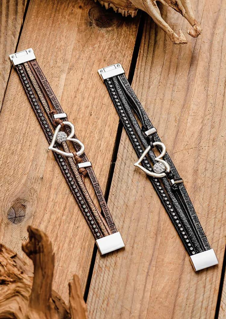 Heart Rhinestone Hollow Out PU Leather Bracelet
