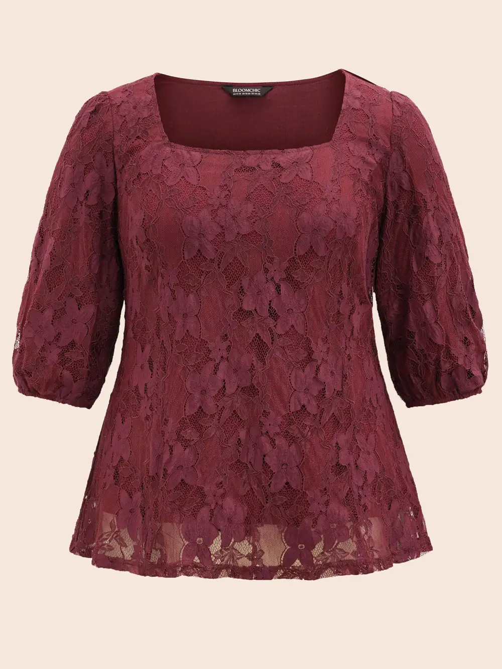 Square Neck Lace Panel Lantern Sleeve Blouse