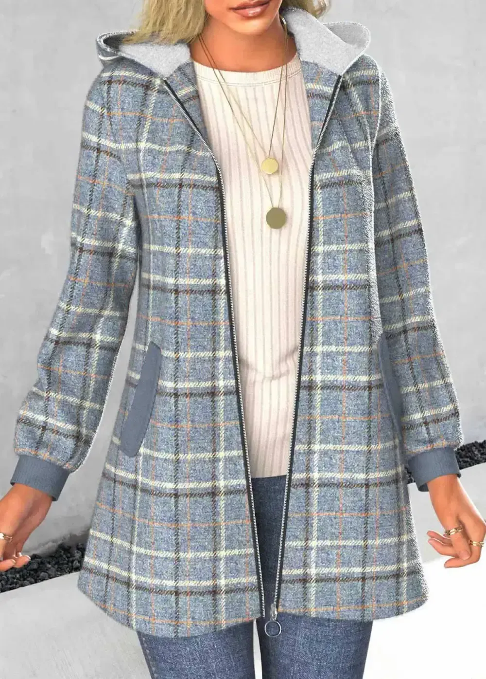 Dusty Blue Zipper Plaid Long Sleeve Hooded Coat