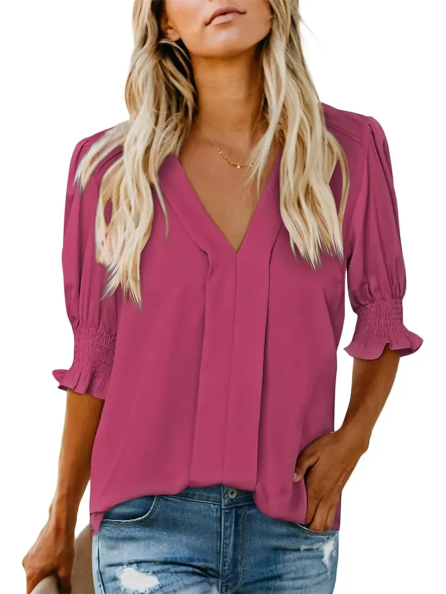 ✨Women's V Neck Dressy Puff Ruffle Blouse Casua Short Sleeve Tops
