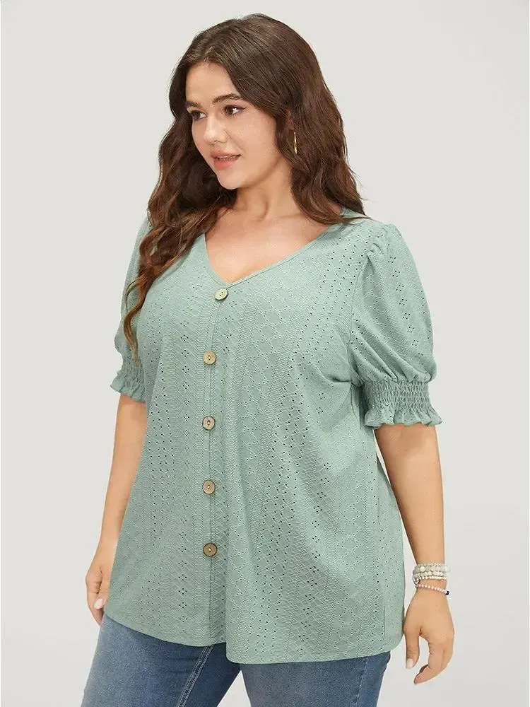 Plain Broderie Anglaise Shirred Puff Sleeve Button Detail T-shirt