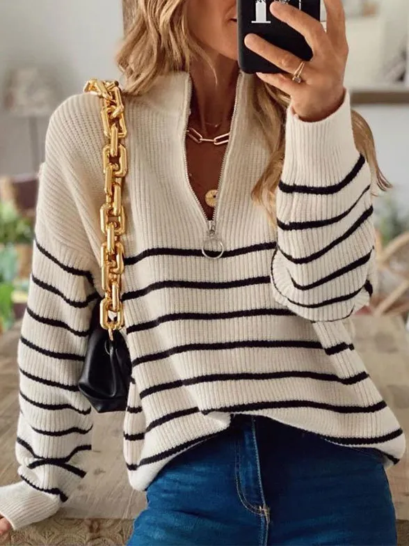 Retro Striped Color Block Zip Collar Long Sleeve Sweater