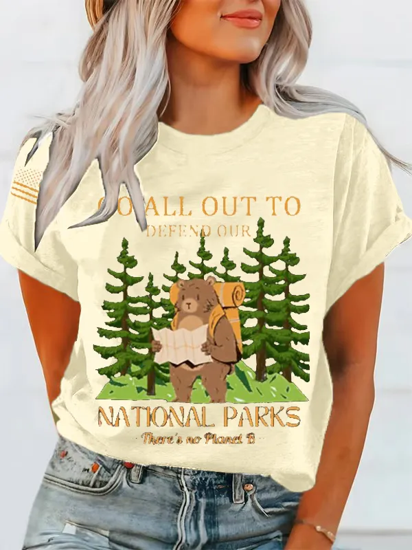 T-Shirt Women Protect Our National Parks Print Crewneck T-Shirt Cartoon Art Print