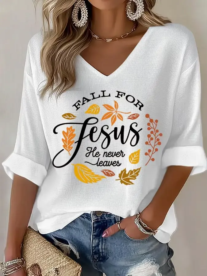 Women's Fall For Jesus He Never Leaves Waffle Long-Sleeved T-Shirt